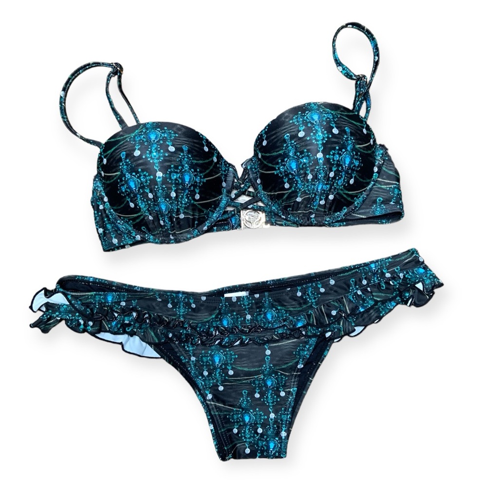 Lisa Blue Call of the Whale Bikini Set Swimsuit Bejeweled Teal Blue and Black